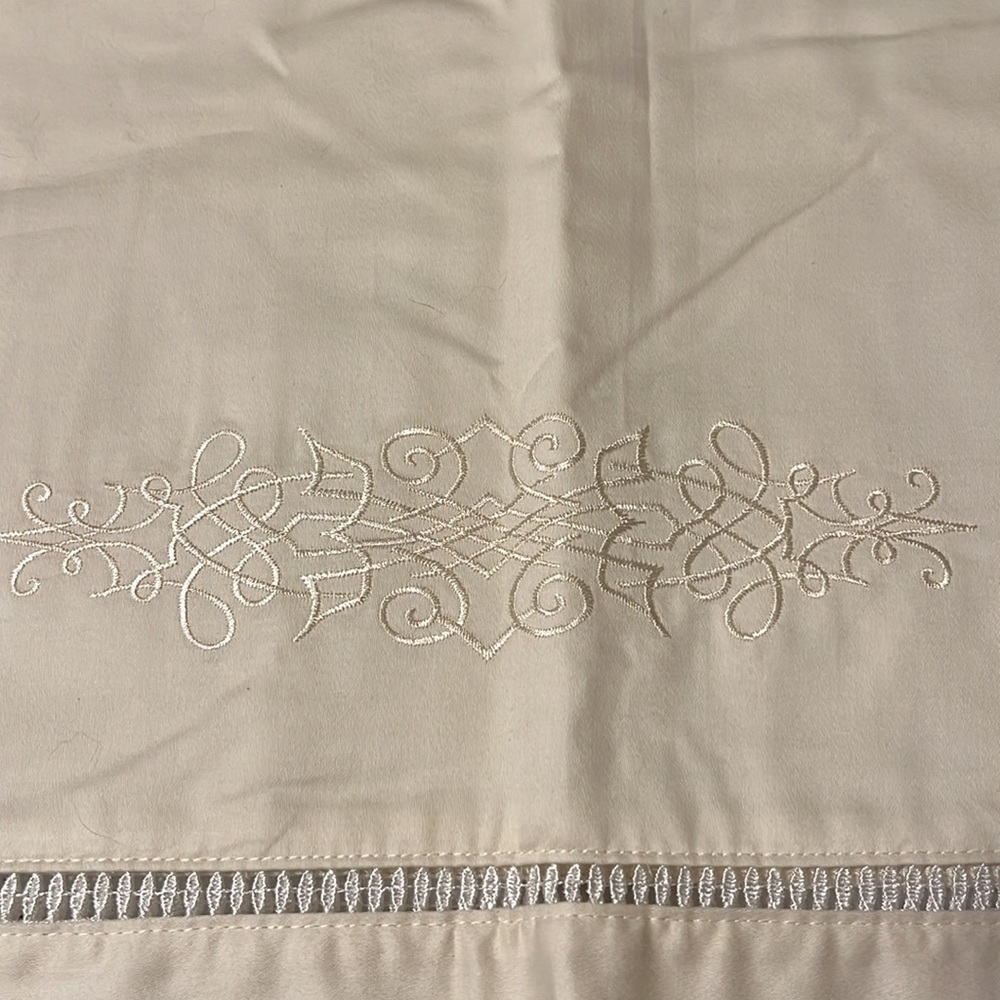 Valance, white embroidery details. 84” x 18”